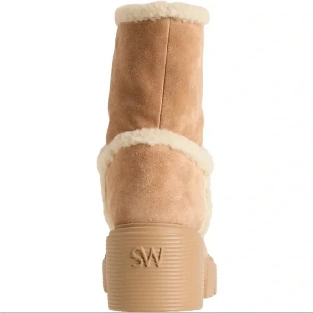 Stuart Weitzman Lennox Bootie Shearling‎ Boots Sz 10 Tan Suede Chunky Block Heel - Picture 4 of 8